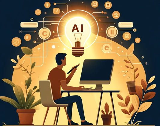 Artistic picture of a man sitting in a room on a chair in front of a computer, holding a paintbrush in his left hand. Between the man and the computer, there's a bright lightbulb with the letters AI inside